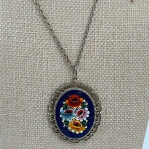 Mosaic blue floral brooch silver tone necklace pendant
